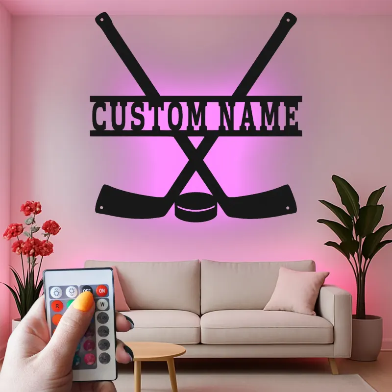 Panneau LED hockey personnalisé | Décoration murale en métal personnalisée | Déco salle de jeux et chambre ado | Cadeau pour joueur de hockey