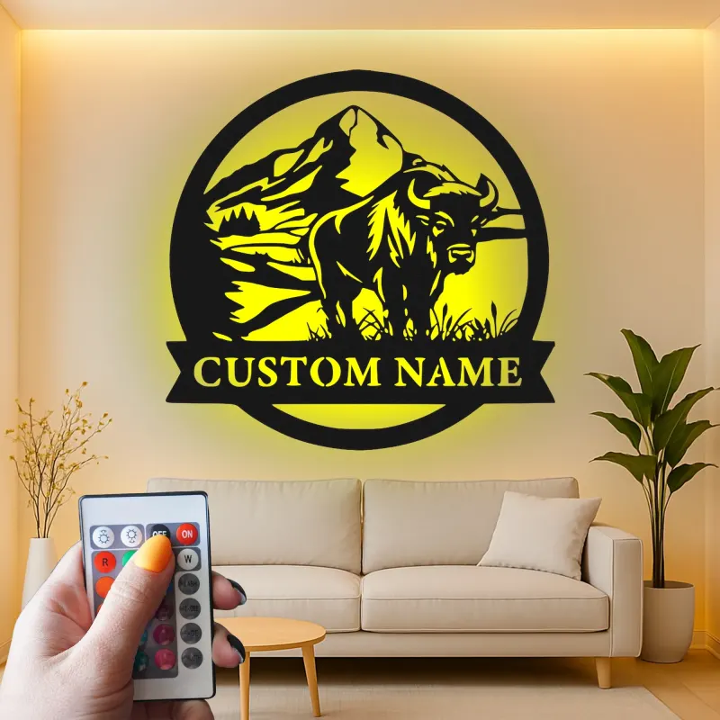Custom Bison Mountain Led Light Metal Wall Art Personalized Wildlife Gift Rustic Living Room Decor
