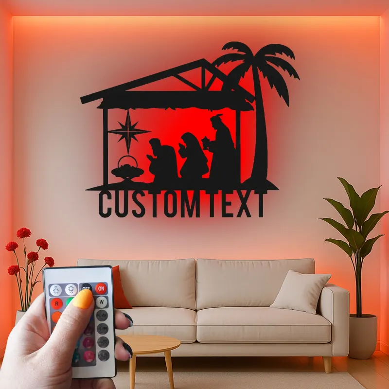 Panneau LED personnalisé de crèche | Art mural en métal pour Noël | Décor religieux de fête | Idée cadeau pour famille chrétienne