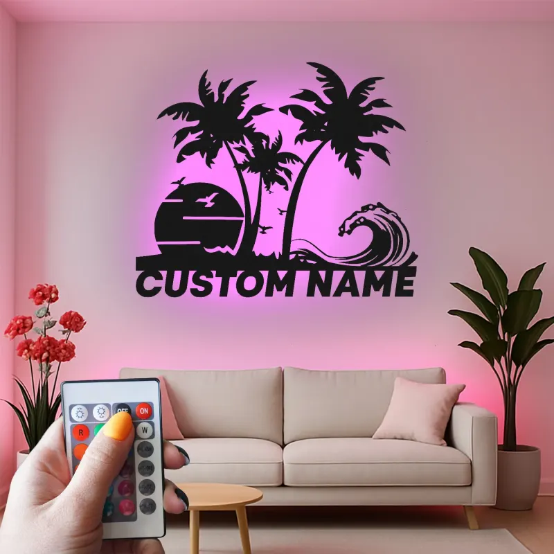 Insegna in metallo personalizzata con luce LED per scena di spiaggia - Regalo costiero personalizzato per amanti della spiaggia e decorazione tropicale