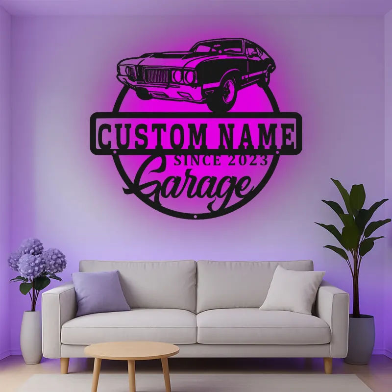 Insegna in metallo personalizzata con luce LED per auto classiche - Regalo per lui, decorazione automobilistica per man cave