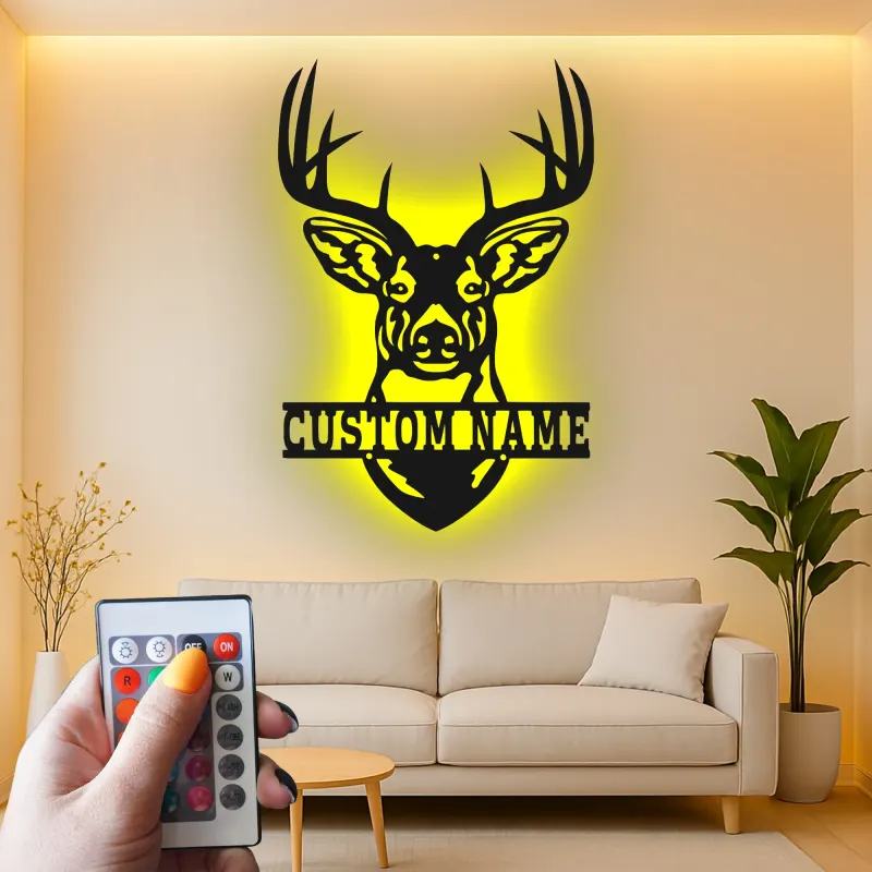 Décoration murale en métal personnalisée avec tête de cerf, rétroéclairage LED, cadeau pour chasseurs, décoration de lodge rustique
