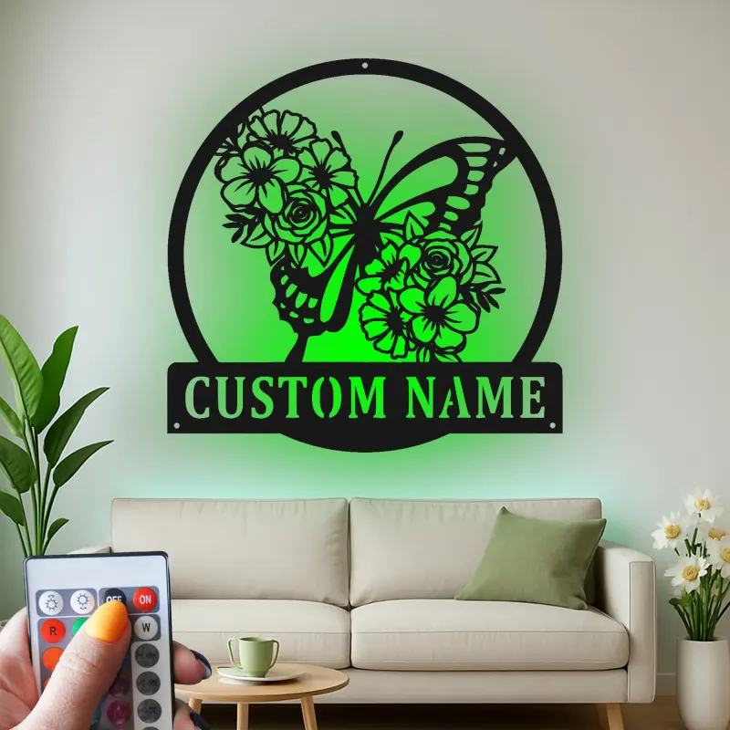 Custom Butterfly and Flowers Led Light Metal Wall Art Personalized Gift for Nature Lovers Bedroom or Garden Decor