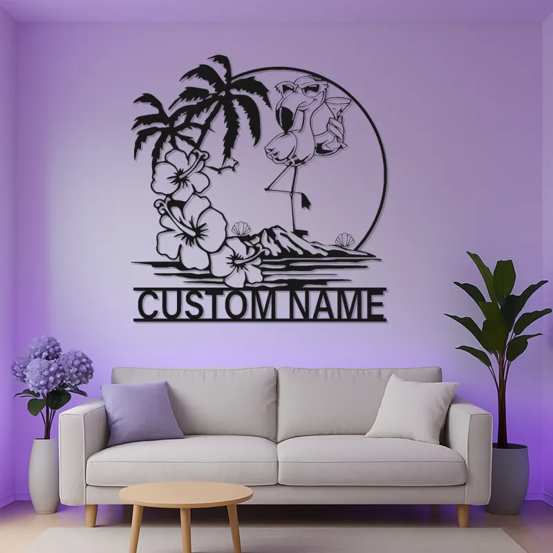 Cartel LED de flamenco personalizado | Arte mural tropical personalizado | Decoración de casa de playa para patio o bar junto a la piscina | Placa de nombre iluminada