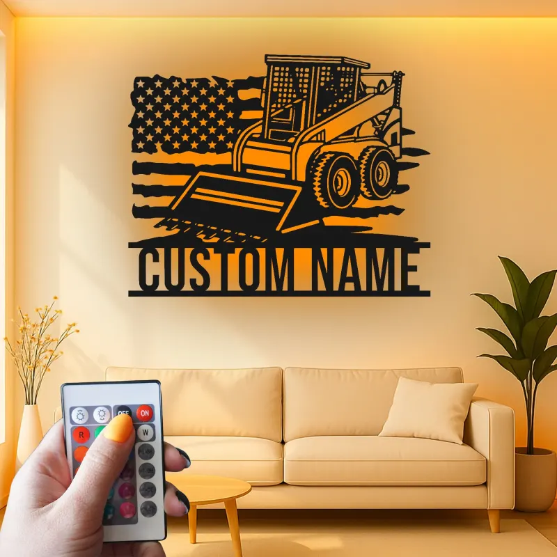 Skid Steer Loader Metalltafel | Personalisierte LED-Wandkunst | Individuelle Dekoration für Baumaschinen | Garage & Werkstatt-Schild mit USA-Flagge