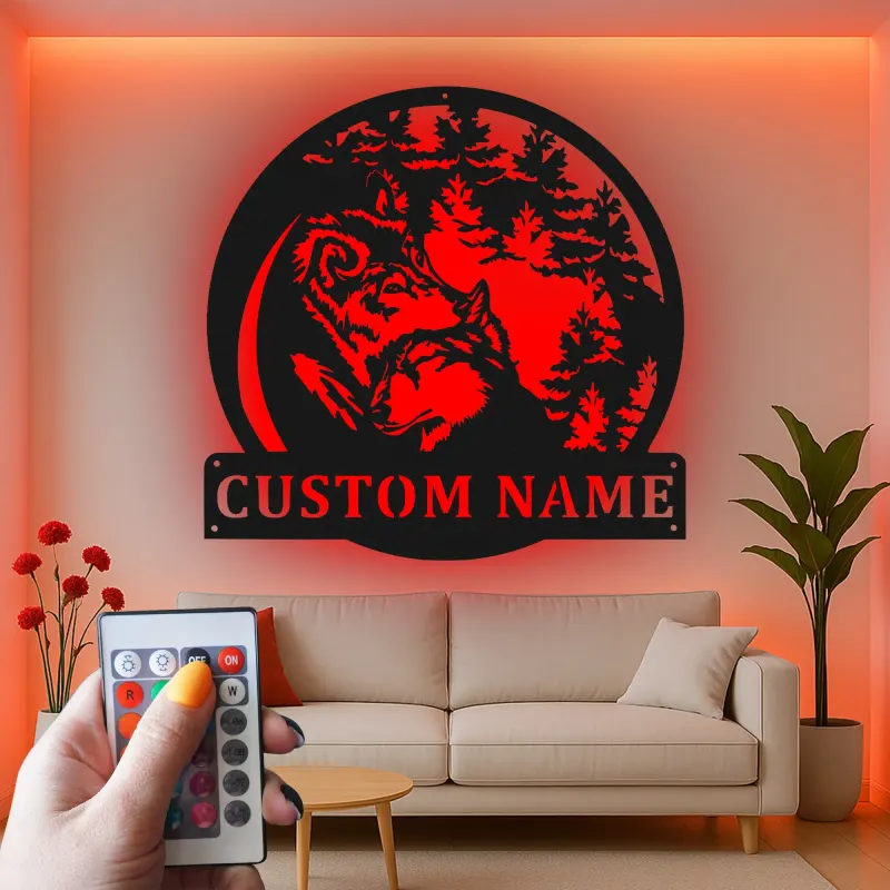 Décoration murale en métal personnalisée avec lumière LED de meute de loups