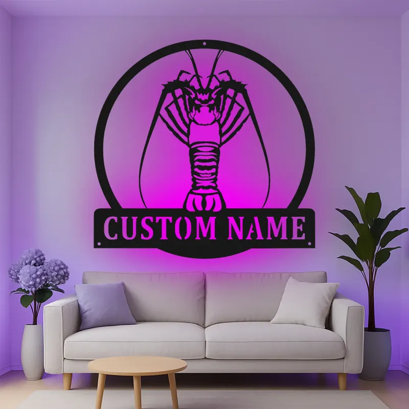 Décoration murale en métal personnalisée avec homard et rétroéclairage LED - Cadeau côtier nautique pour maison de plage