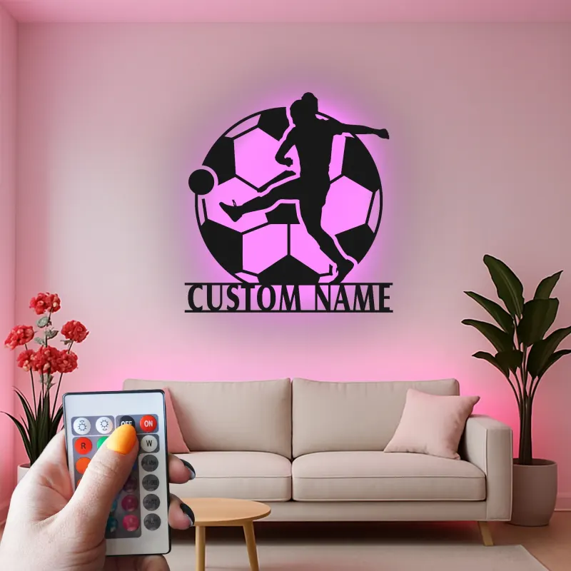 Cartel LED de Jugador de Fútbol Personalizado | Decoración Mural de Metal Personalizada | Decoración de Habitación de Adolescentes y Regalo Deportivo para Atletas