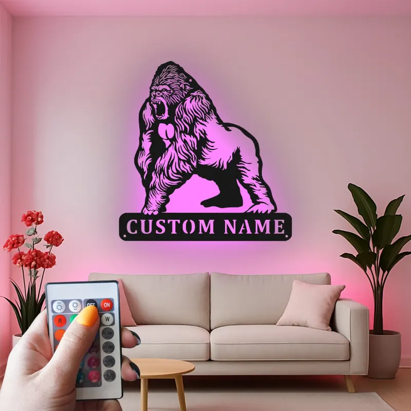 Gorilla LED Metal Wall Art | Custom Name Sign for Home Gym & Man Cave | Personalized Wildlife Decor