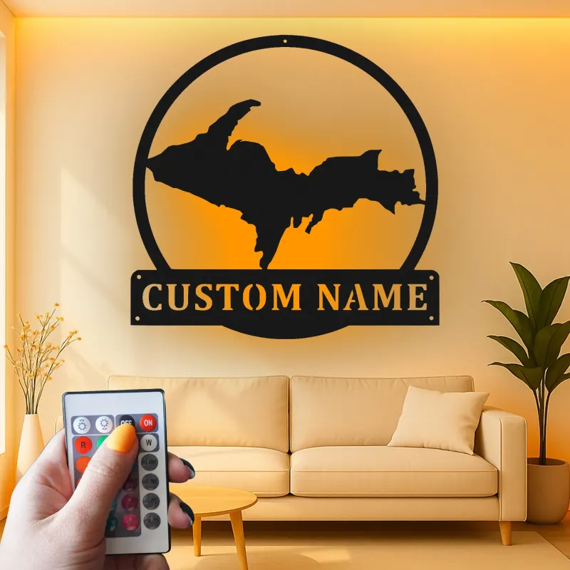 Cartel de metal personalizado con luz LED de la Península Superior, regalo personalizado de Michigan, decoración para la sala de estar o la oficina