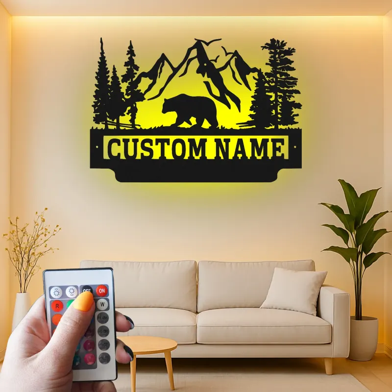 Cartel de metal LED de oso de montaña personalizado, regalo para amantes de la naturaleza, decoración de cabaña o refugio