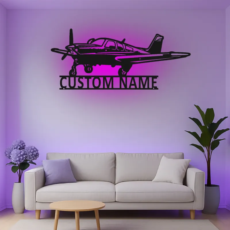 Décoration murale en métal personnalisée avec lumière LED d'avion - Cadeau d'aviation pour pilotes, décoration de hangar ou de bureau