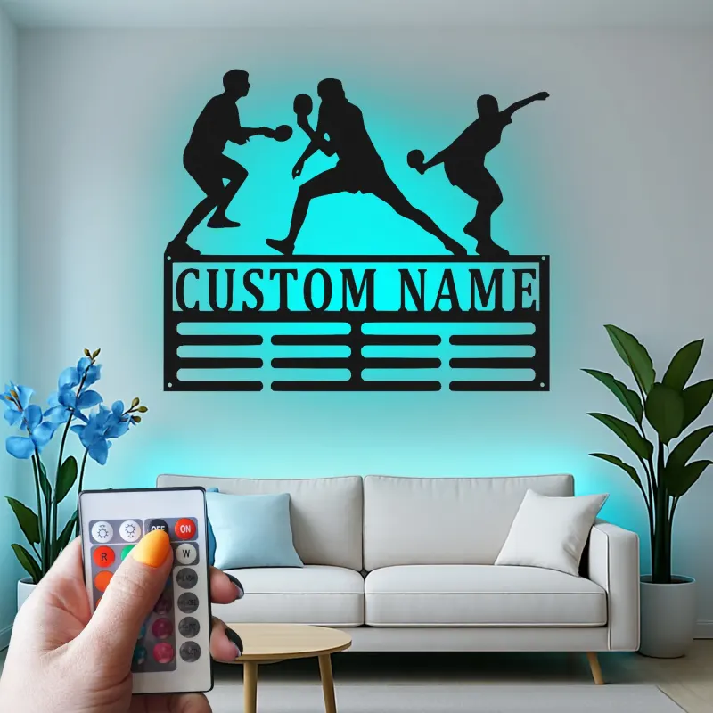 Supporto per medaglie da tennis da tavolo personalizzato | Arte murale in metallo LED Ping Pong | Insegna di esposizione personalizzata | Decorazione per sala giochi e regalo per giocatori