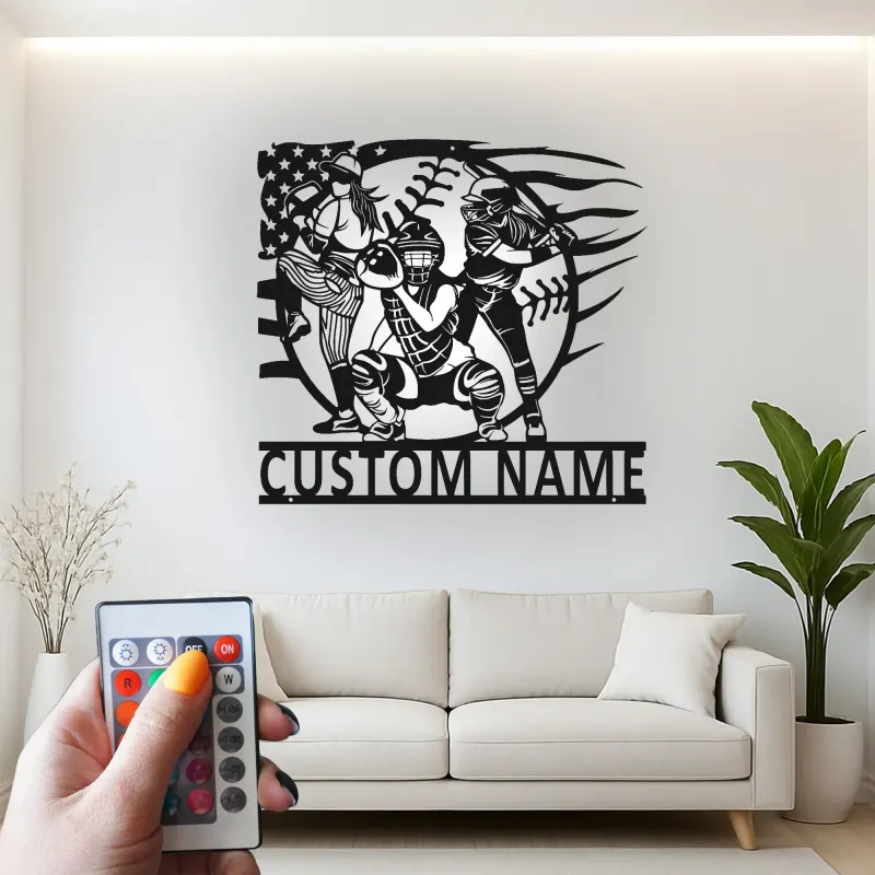 Insegna in Metallo per Giocatori di Softball Personalizzata | Arte da Parete LED con Nome Personalizzato | Regalo per Squadra di Softball | Decorazioni per Camera delle Ragazze & Ricevitore, Lanciatore, Battitore