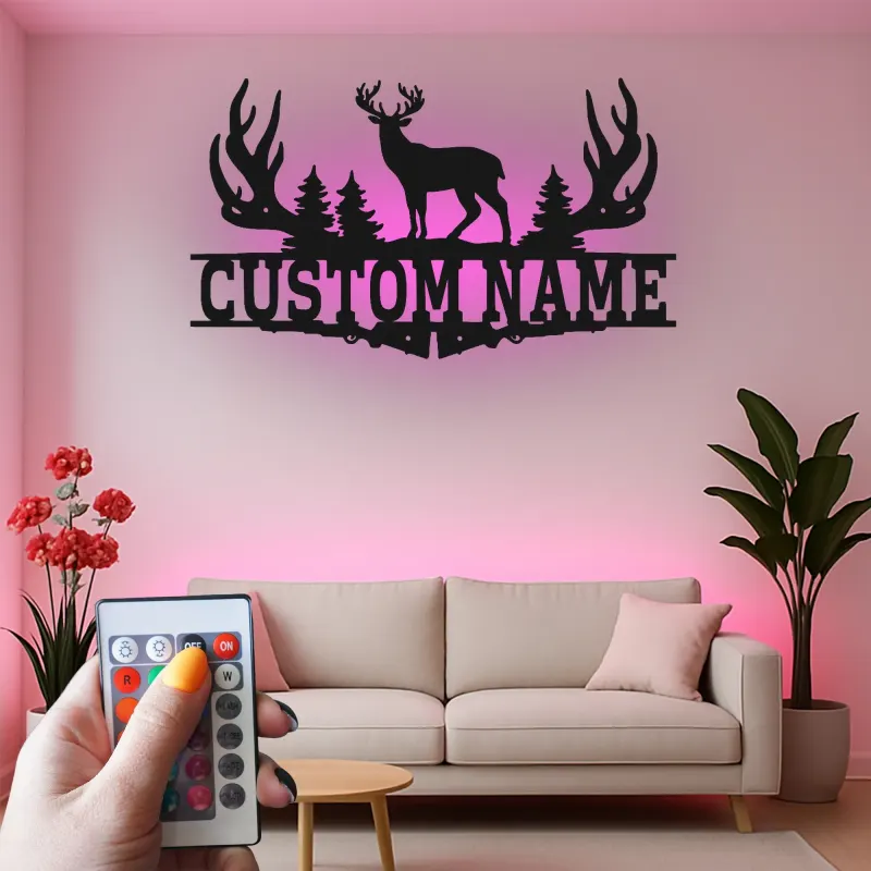 Cartel de metal personalizado con luz LED de asta de ciervo Regalo personalizado para cazadores Decoración de cabaña rústica 1