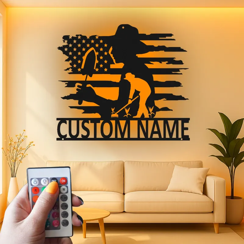 Arte mural LED de metal para jardinero | Cartel de jardín personalizado con bandera de EE. UU. | Decoración personalizada para jardín y patio