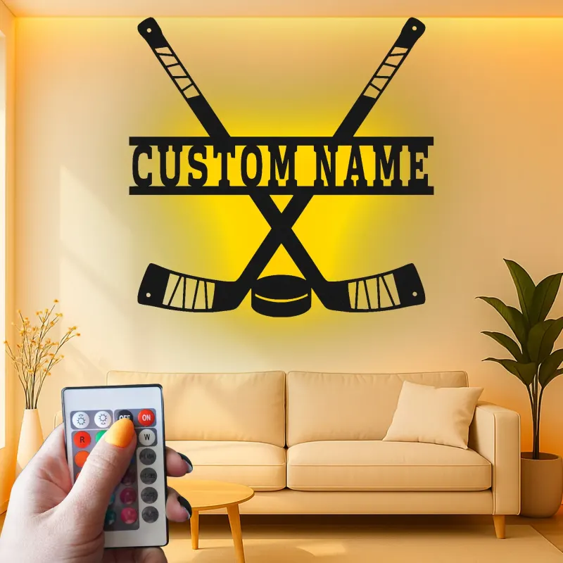Cartel personalizado de hockey con nombre | Decoración mural de metal LED para sala de juegos | Regalo personalizado para jugador de hockey | Decoración para cueva del hombre