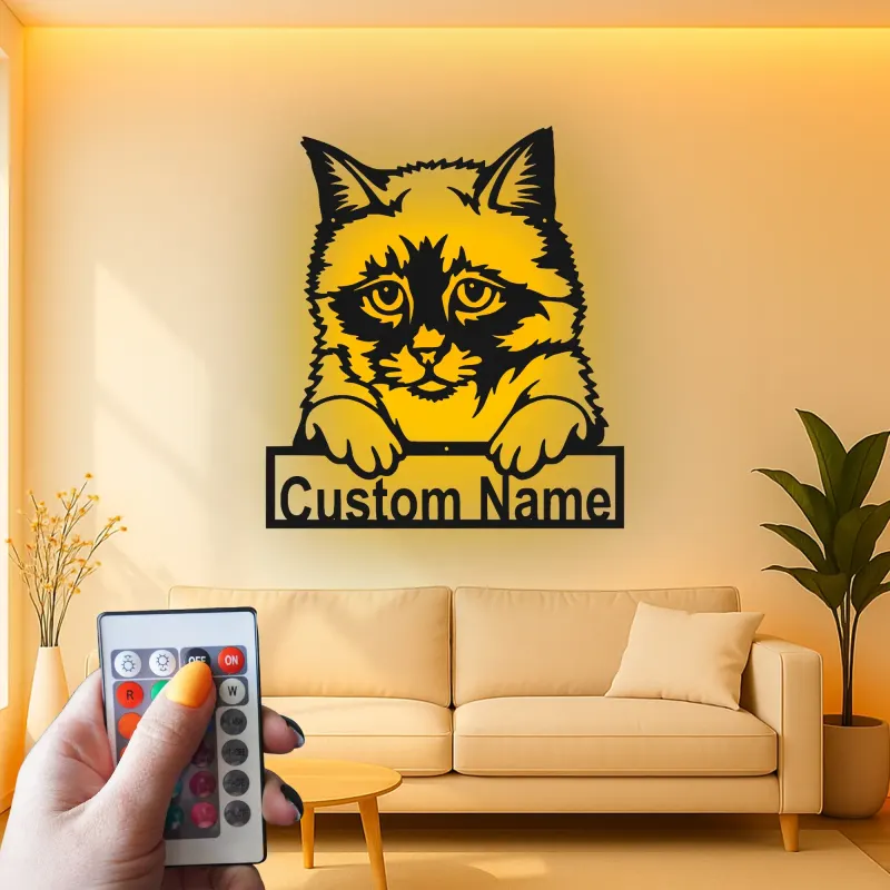 Personalisierte LED-Metall-Wandkunst mit Katze – Geschenk für Tiereltern, Deko fürs Wohnzimmer
