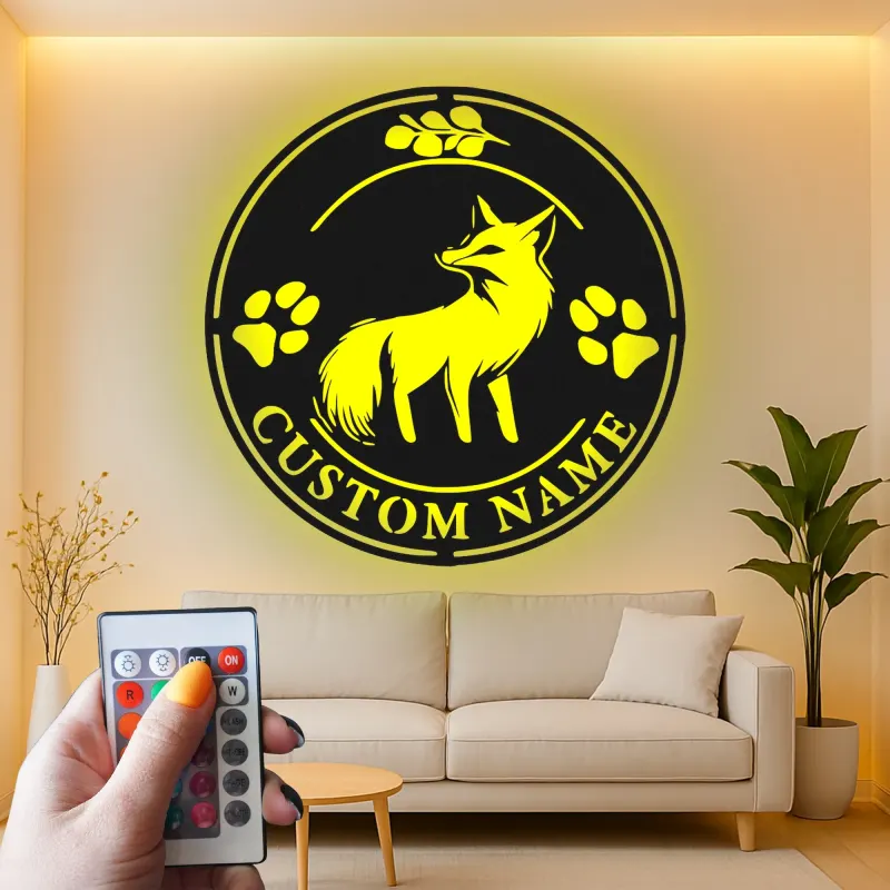 Insegna in metallo LED con volpe su misura | Decorazione murale personalizzata con fauna selvatica | Arredo rustico per casa e baita per amanti della natura