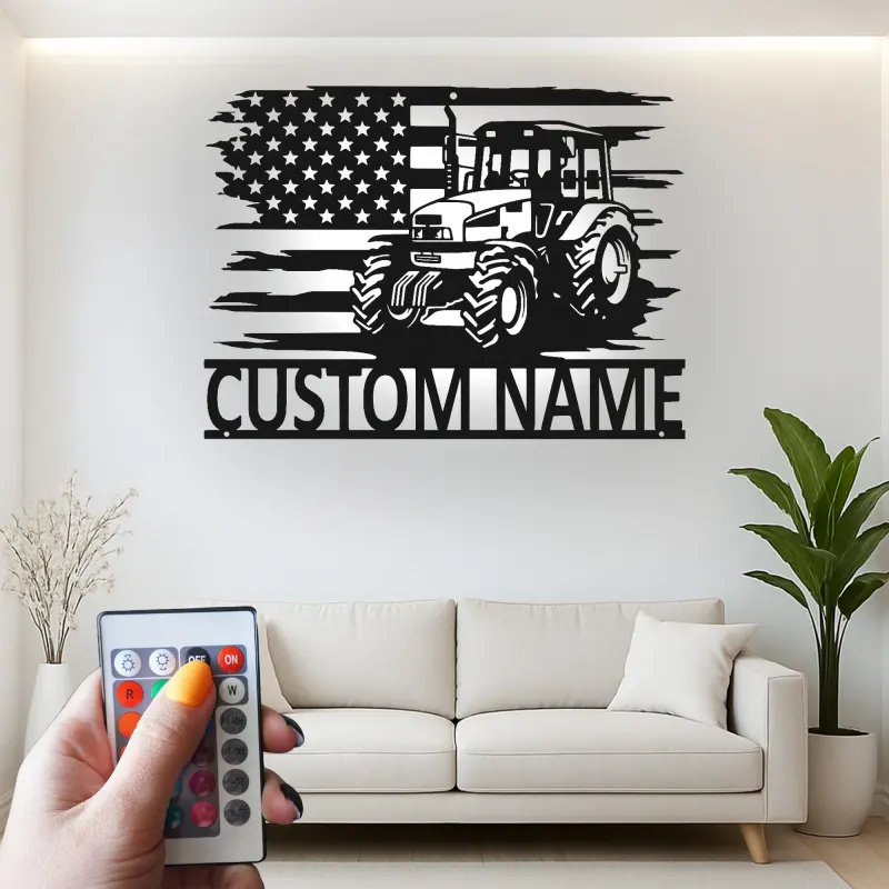 Personalisierte LED-beleuchtete Metall-Wandkunst Traktor und Amerikanische Flagge Geschenk für Landwirte Rustikale Landhausdekoration