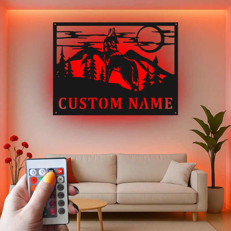 Insegna in metallo personalizzata con lupo che ulula e luce LED regalo per amante della natura decorazione per cabin o lodge