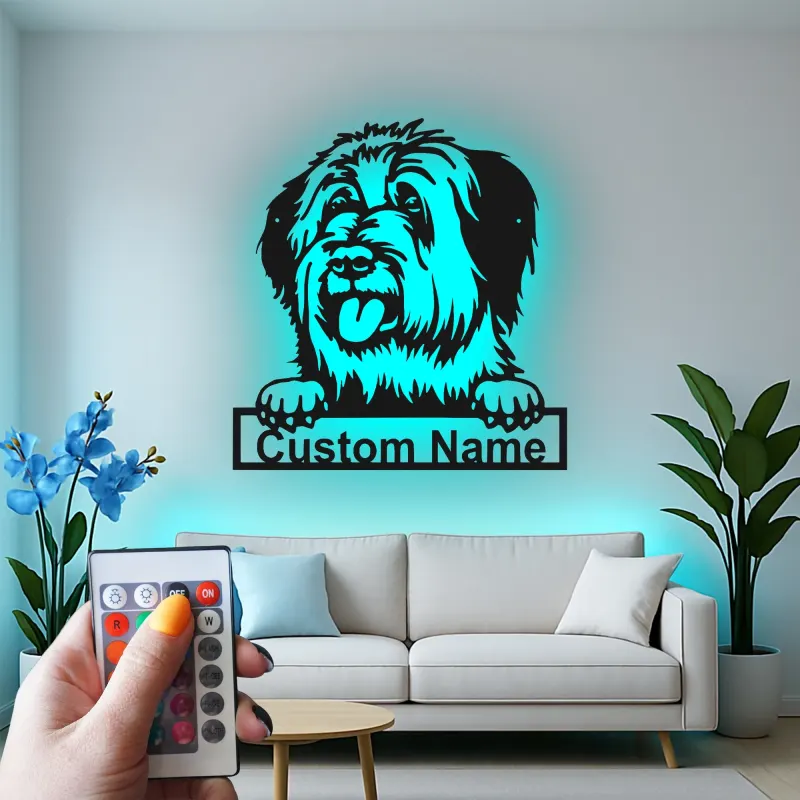 Cartel de metal personalizado con perro ovejero inglés antiguo y luz LED, regalo personalizado para dueños de mascotas, decoración de perro para la sala de estar