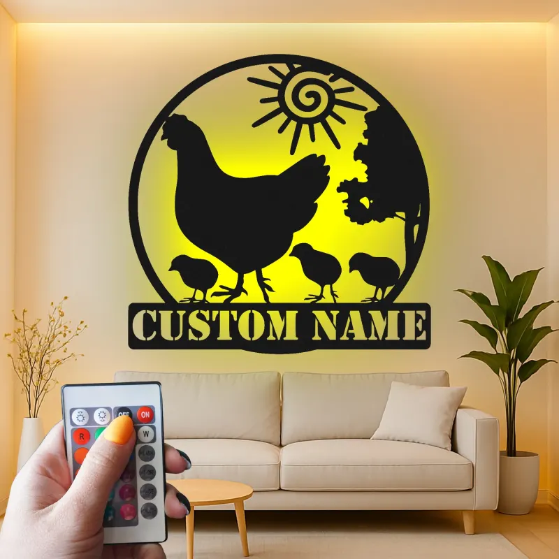 Insegna in metallo LED Famiglia Pollo Personalizzata Regalo per Casa Decorazione Cucina Rustica