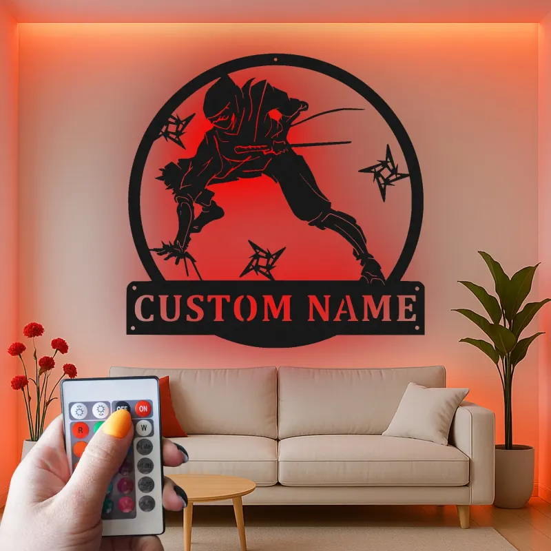 Cartel LED personalizado de ninja guerrero | Decoración mural de metal personalizada | Decoración de artes marciales para sala gamer y dojo