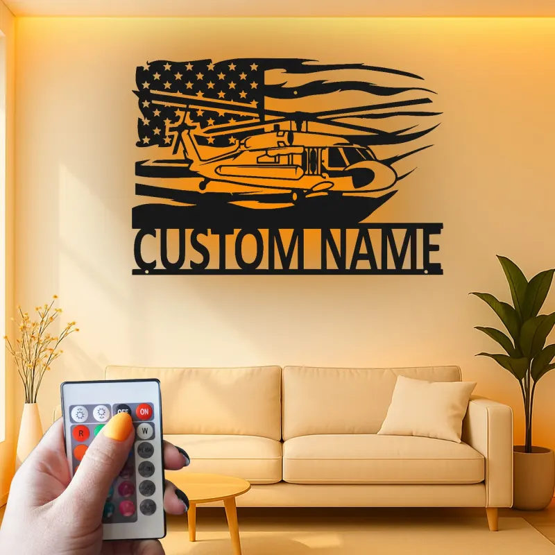 Black Hawk Helicopter LED Metal Wall Art | Personalized Pilot Gift | Custom Name Sign | Patriotic American Flag Wall Decor