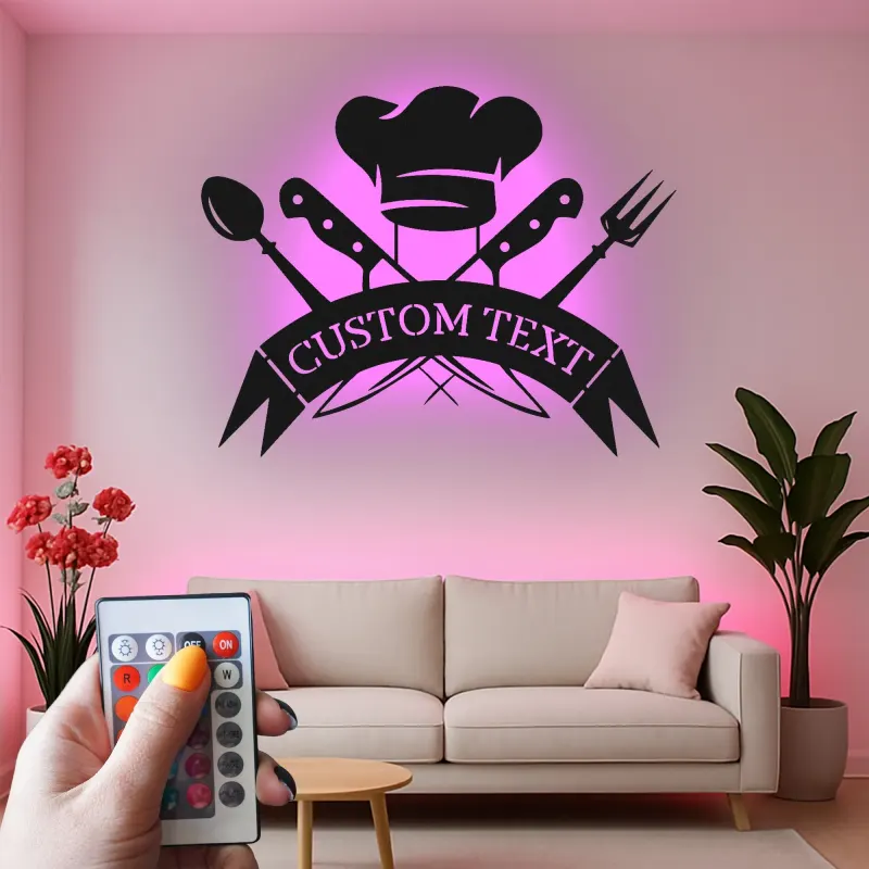 Décoration murale en métal personnalisée Chapeau de Chef et Ustensiles avec rétroéclairage LED