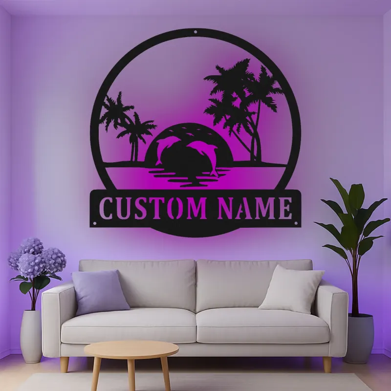 Custom Tropical Sunset with Dolphins Led Light Metal Wall Art Personalized Beach Lover Gift Coastal Living Room Decor
