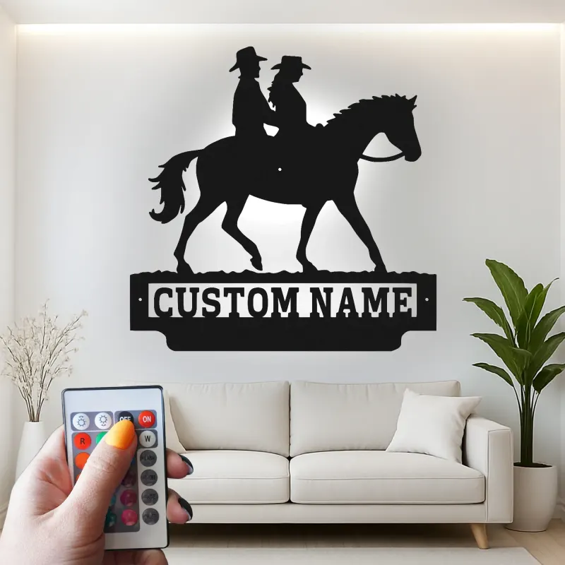 Custom Cowboy Couple on Horse Led Light Metal Wall Art Western Gift for Couples Ranch Home Decor