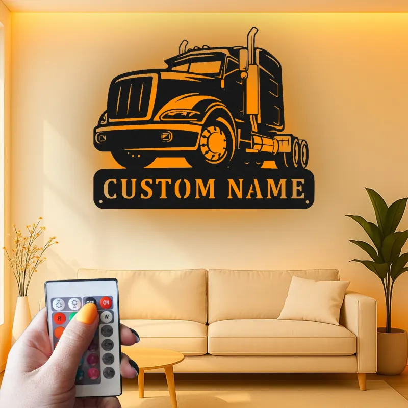 Personalized Trucker Sign with LED | Custom Semi Truck Metal Wall Art | Big Rig Decor for Man Cave, Garage | Gift for Husband