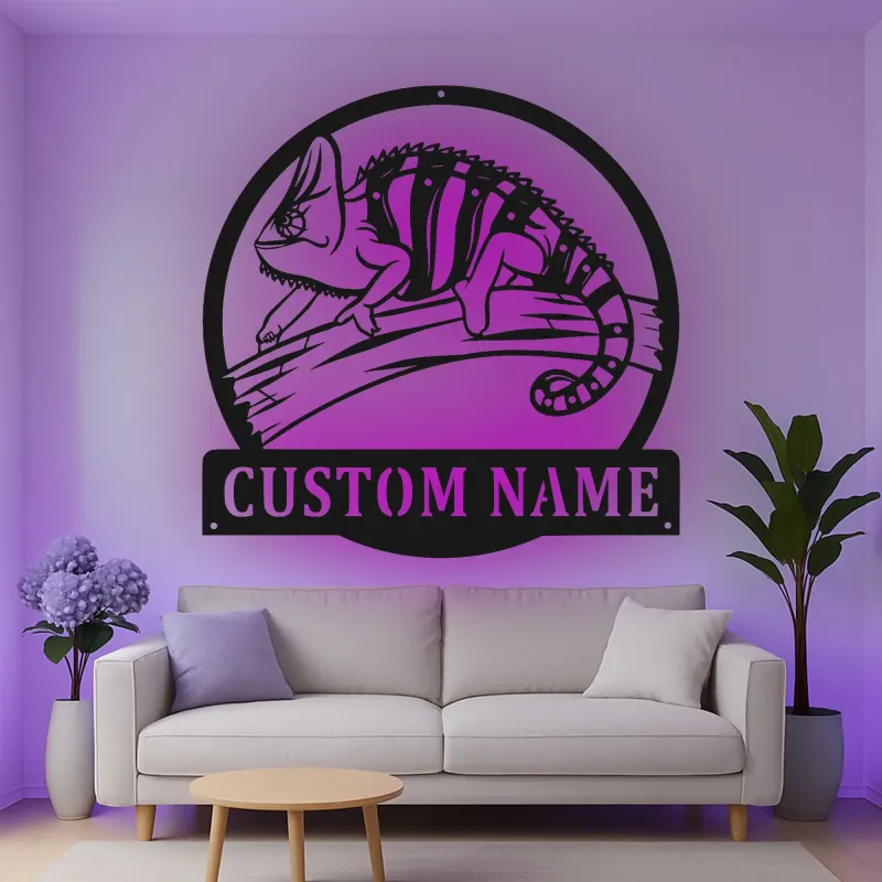 Cartel de metal LED personalizado de camaleón, regalo único para entusiastas de los reptiles, decoración de dormitorio o salón