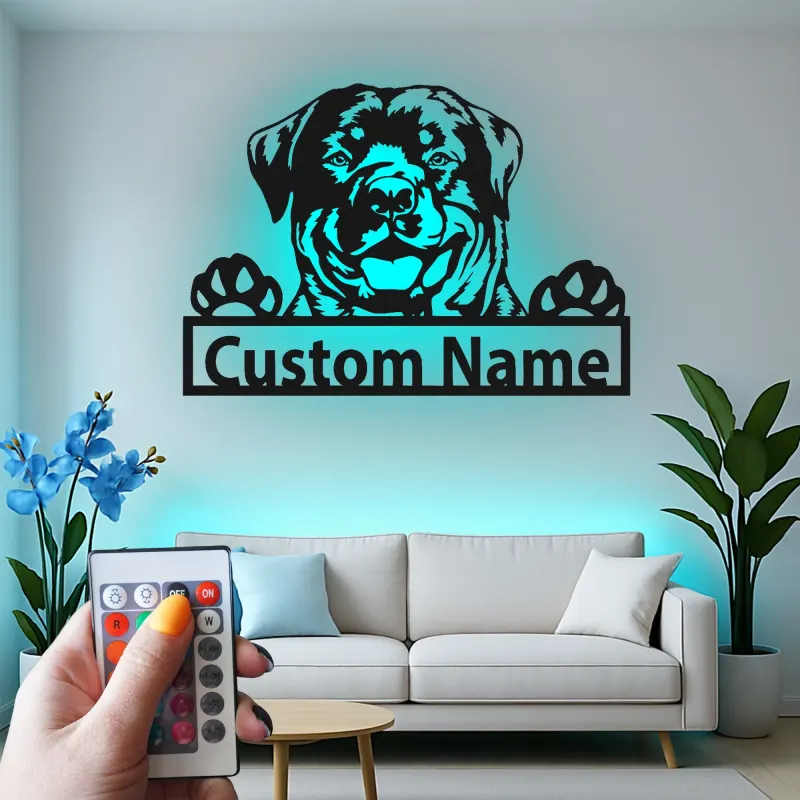 Insegna in metallo personalizzata con Rottweiler | Insegna con nome del cane con luce LED | Regalo per amanti degli animali e decorazione moderna per la casa