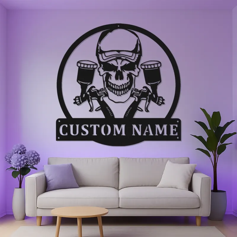 Insegna Garage Personalizzata Teschio | Arte in Metallo LED Personalizzata | Decorazione per Officina & Regalo per Artista Airbrush