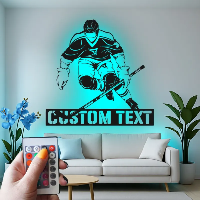 Personalisierte Hockey Wandkunst | Individuelles LED Metallschild für das Spielzimmer | Geschenk für Hockeyspieler