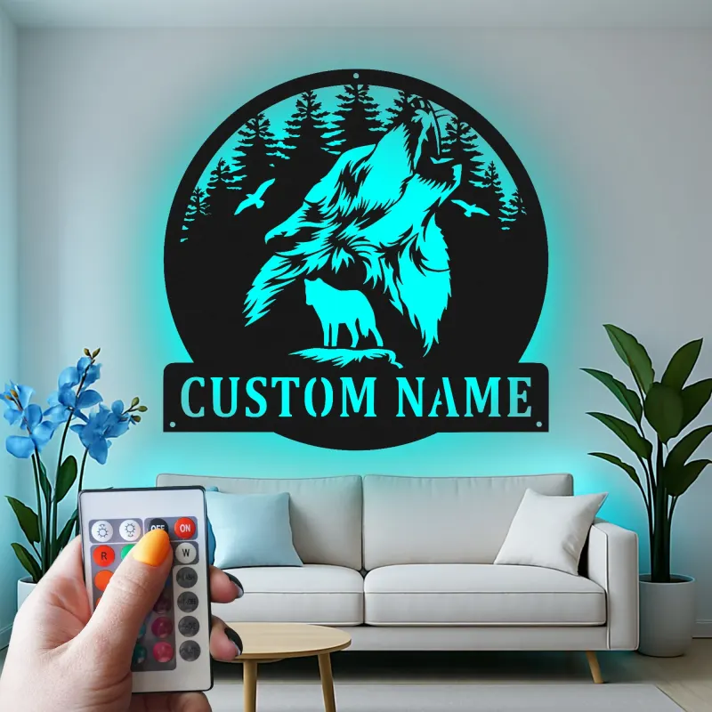 Décoration murale en métal personnalisée de loup hurlant avec rétroéclairage LED - Cadeau personnalisé pour les amoureux de la nature - Décor de cabane rustique