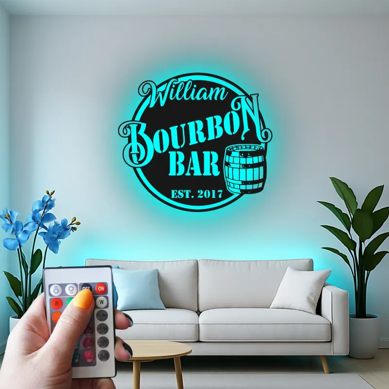 Custom Bourbon Bar Led Light Metal Wall Art Personalized Gift for Home Bar Man Cave Decor