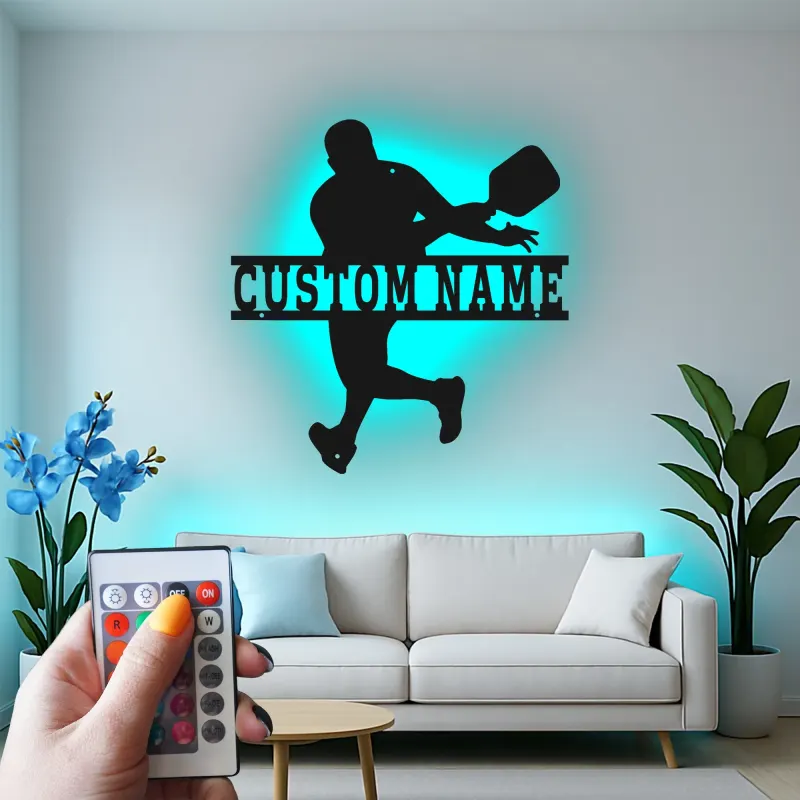 Pickleball Player LED Metal Art | Custom Name Sign | Sport Gift for Athlete | Game Room Decor
