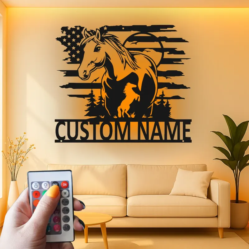 Panneau LED en métal personnalisé avec cheval | Décoration murale équestre | Décor de grange drapeau américain | Cadeau pour amoureux des chevaux