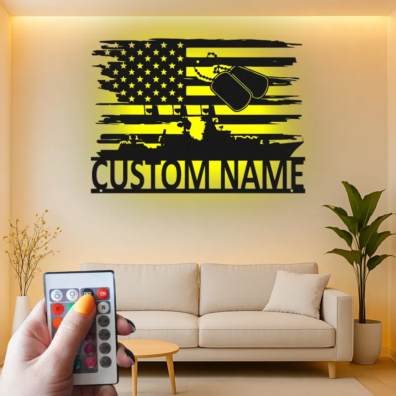 Personalized Navy Ship Metal Sign | Custom US Military Veteran Wall Art | American Flag LED Decor | Patriotic Gift for Him