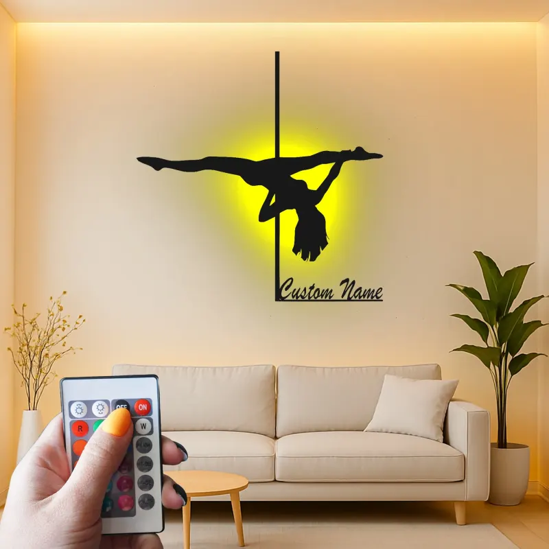 Custom Pole Dance Metal Sign | LED Name Art for Studio Decor | Personalized Dancer Gift | Gymnastics Wall Silhouette