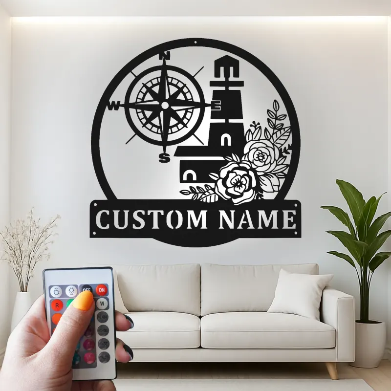 Cartel náutico de faro y brújula | Decoración mural de metal personalizada con LED | Decoración costera personalizada para casa de playa