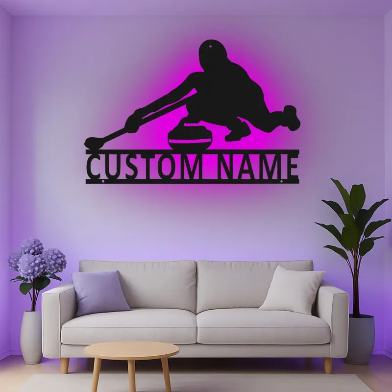 Insegna in metallo personalizzata con luce LED a tema giocatore di curling regalo per appassionati di curling decorazione per sala giochi