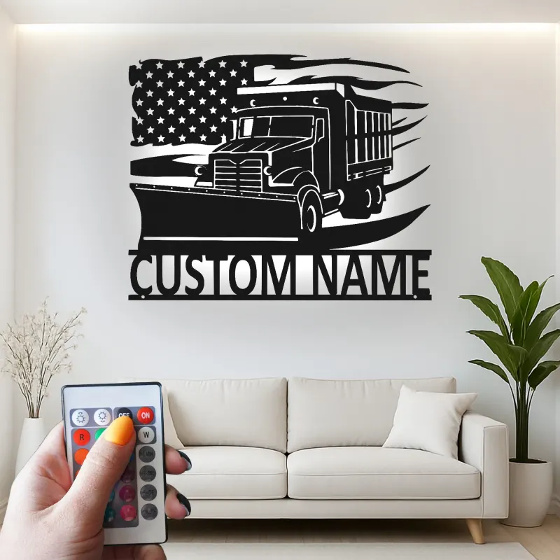 Insegna per Camion Spazzaneve Personalizzata | Arte da Parete in Metallo LED | Decorazione per Attrezzature Pesanti con Bandiera Americana | Regalo per Autista di Rimozione Neve