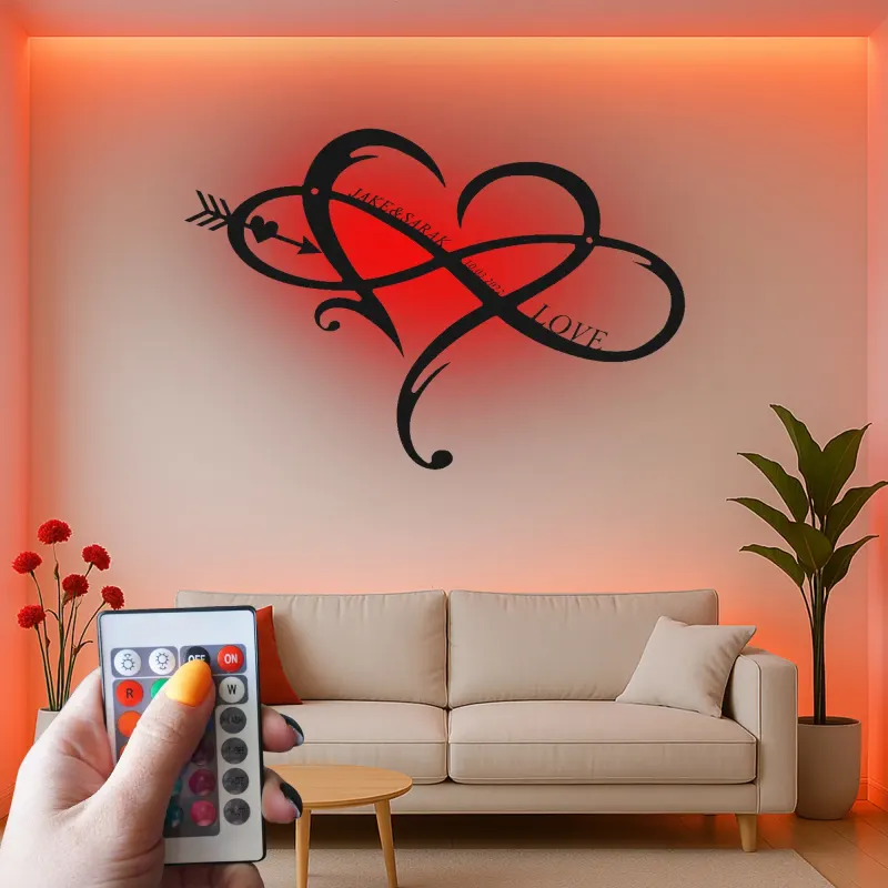 Signe LED en métal cœur infini personnalisé | Décoration murale avec nom et date | Cadeau romantique d’anniversaire pour couple | Déco chambre