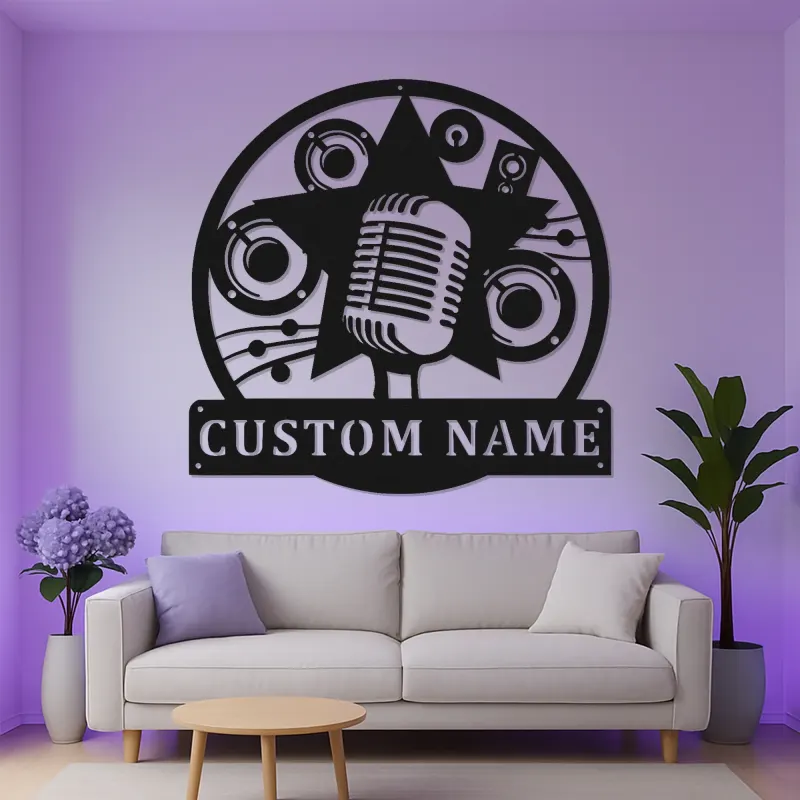 Cartel LED Personalizado de Micrófono | Arte Mural de Metal para Decoración de Estudio de Música | Placa de Nombre Personalizada para Músicos y Cantantes