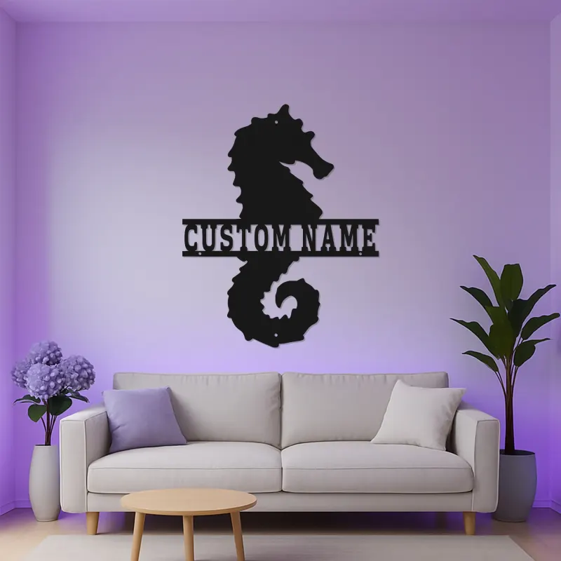Insegna in metallo personalizzata con cavalluccio marino | Arte murale retroilluminata LED | Decorazione nautica personalizzata per casa al mare | Regalo per amanti dell'oceano