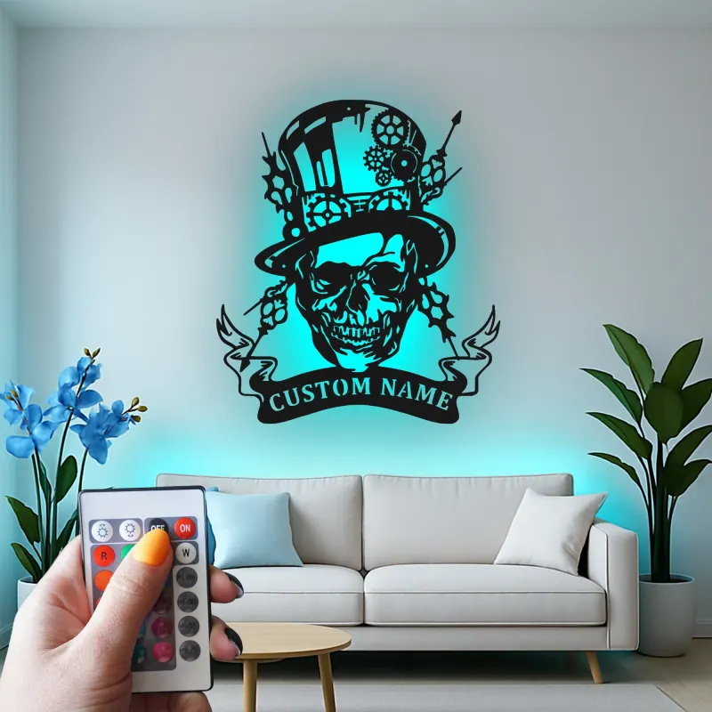 Insegna in metallo LED Teschio Steampunk | Insegna con Nome Personalizzato per Man Cave | Decorazione per Stanza di Gioco Gotica con Cappello a Cilindro e Ingranaggi